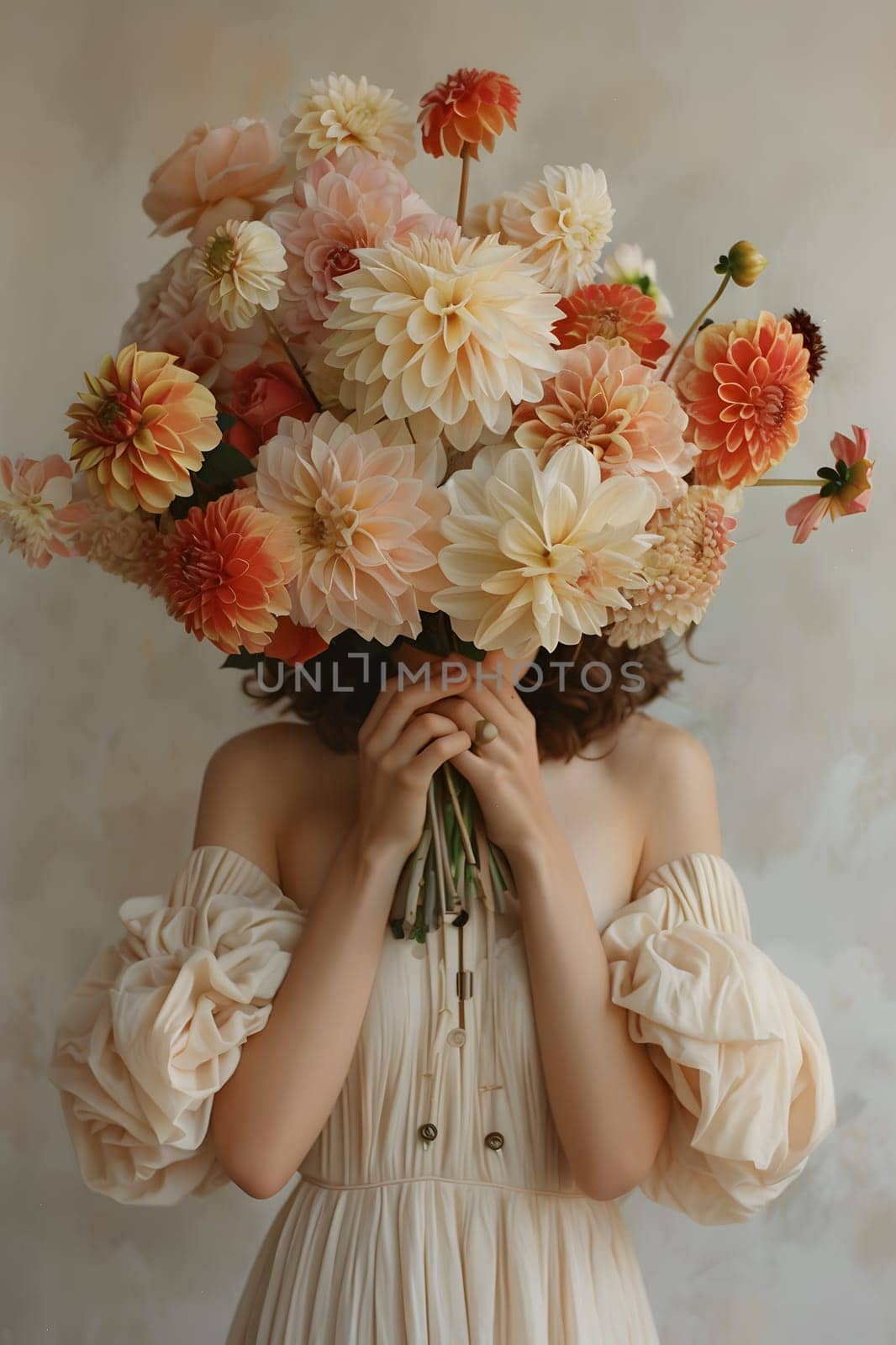 A woman in a white dress creatively arranged a bouquet of peach flowers in front of her face, showcasing the natural beauty of the flowering plants petals