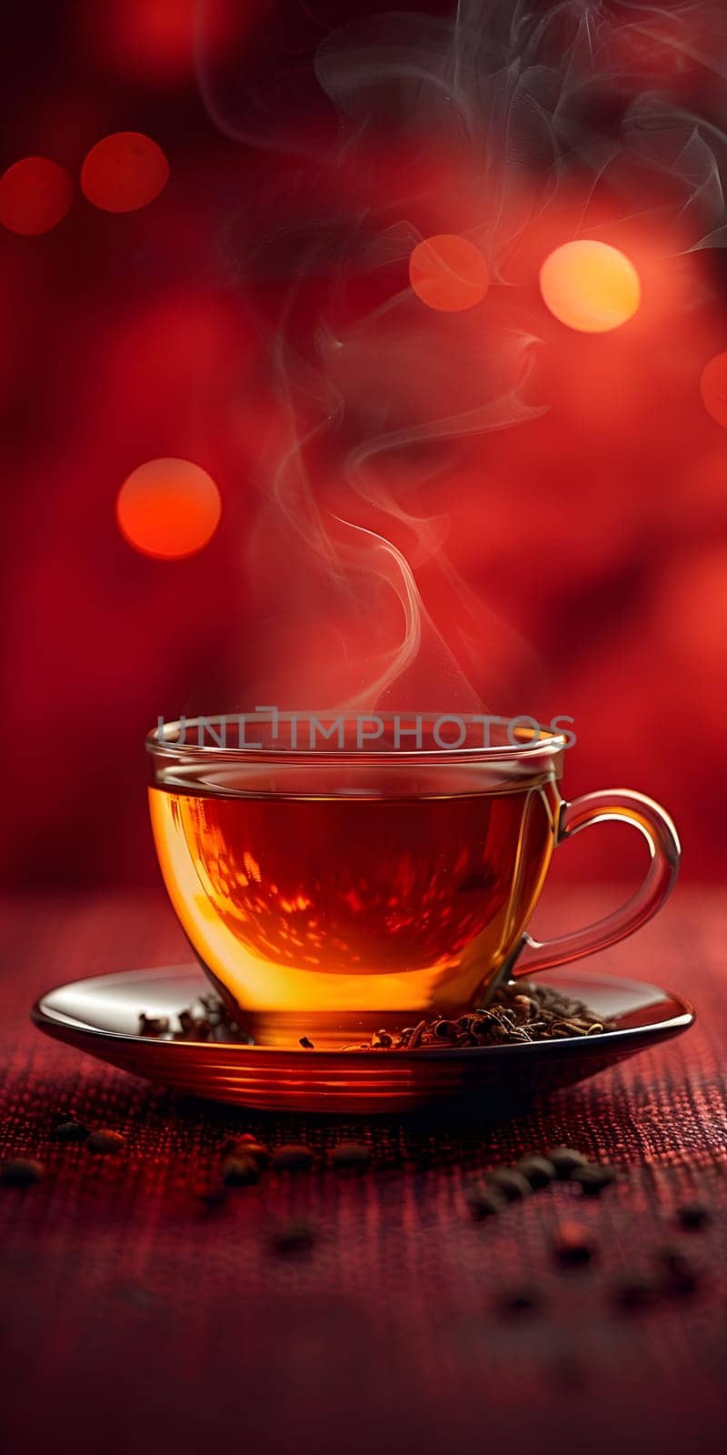A coffee cup with steam rising from it sits on an orange saucer on a table, creating a cozy and inviting atmosphere