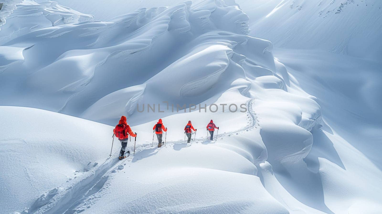 Trekkers ascending a snowy slope in a stark white winter landscape, endurance concept by verbano