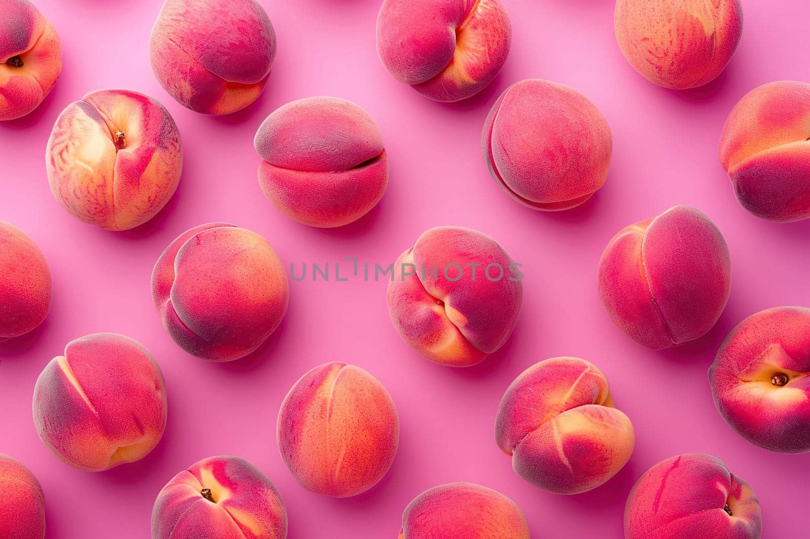 Ripe juicy peaches on a pink background, top view. Horizontal background.