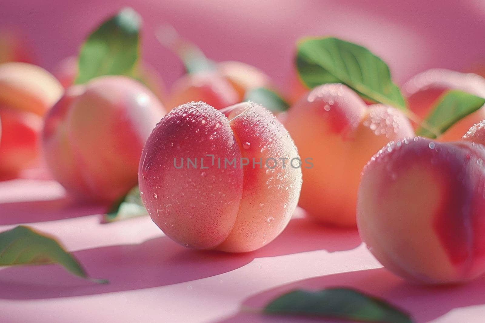Appetizing ripe peaches in drops of water on a pink background with sunlight. Generated by artificial intelligence by Vovmar