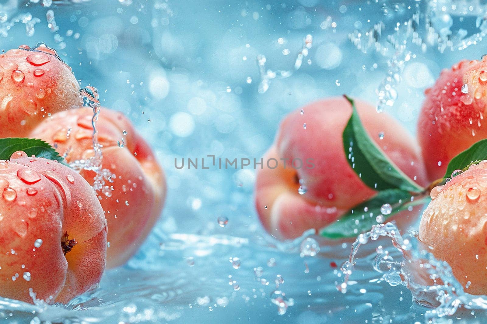 Ripe juicy peaches in a splash of water on a blue background. Fruits in crystal clear water with air bubbles. Generated by artificial intelligence by Vovmar