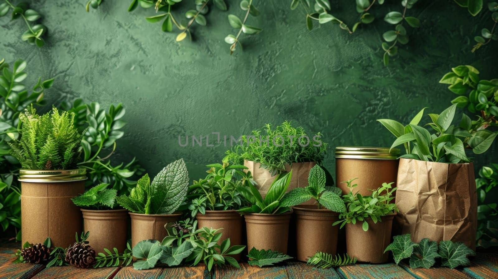 Several green plants in pots of various sizes and types, neatly arranged on a wooden table. The concept of ecology.
