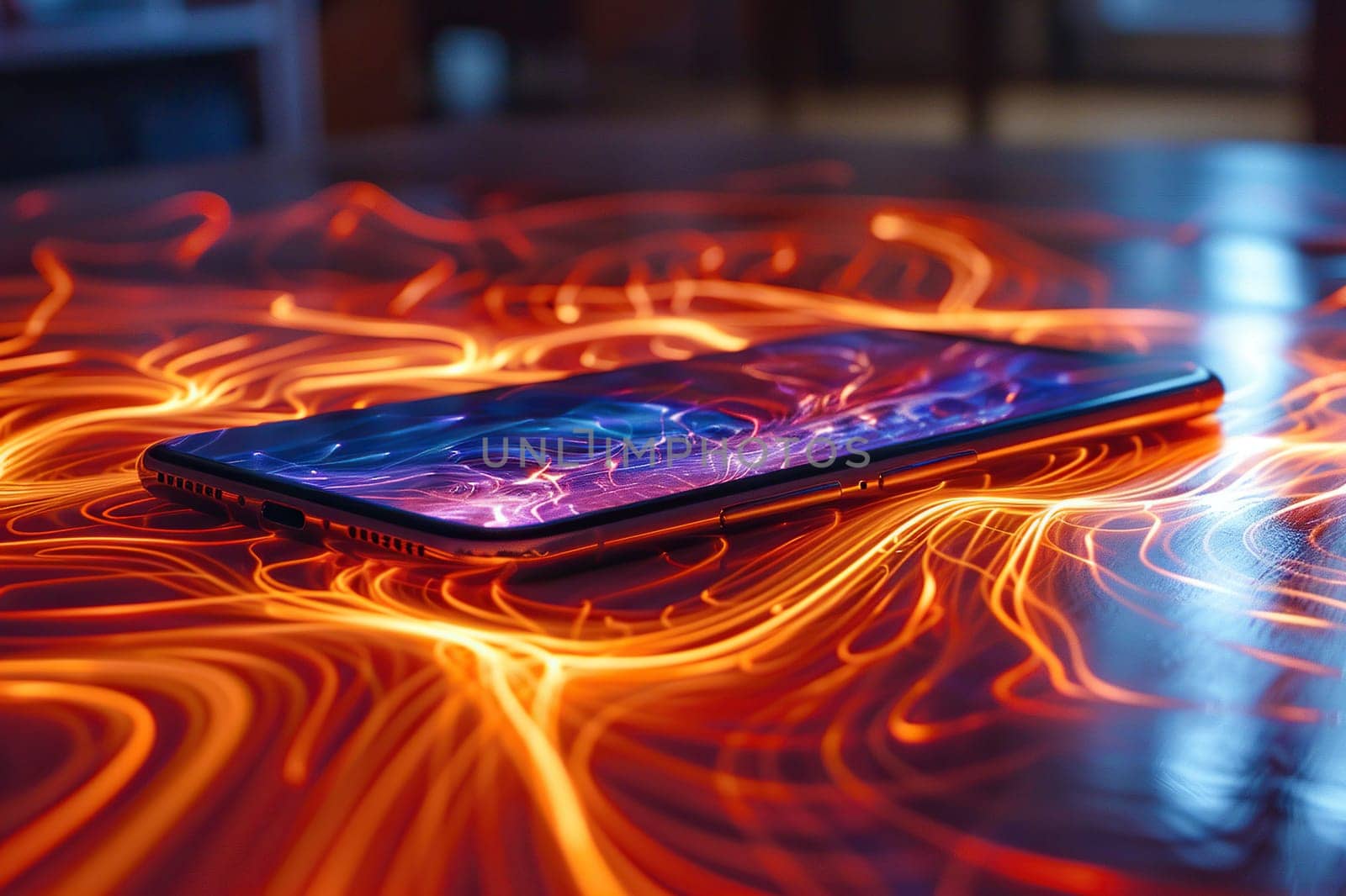 Side view of a modern smartphone lying on a table with motion wallpaper on the screen, in bright rays of light.