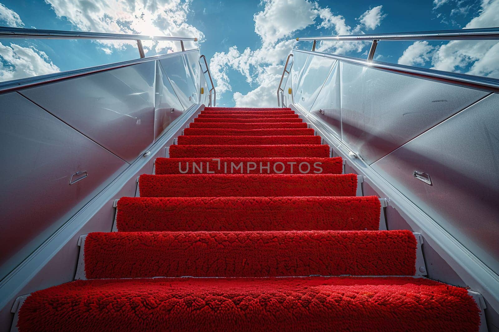 A white airplane ramp with a red carpet next to an airplane on a sunny day.