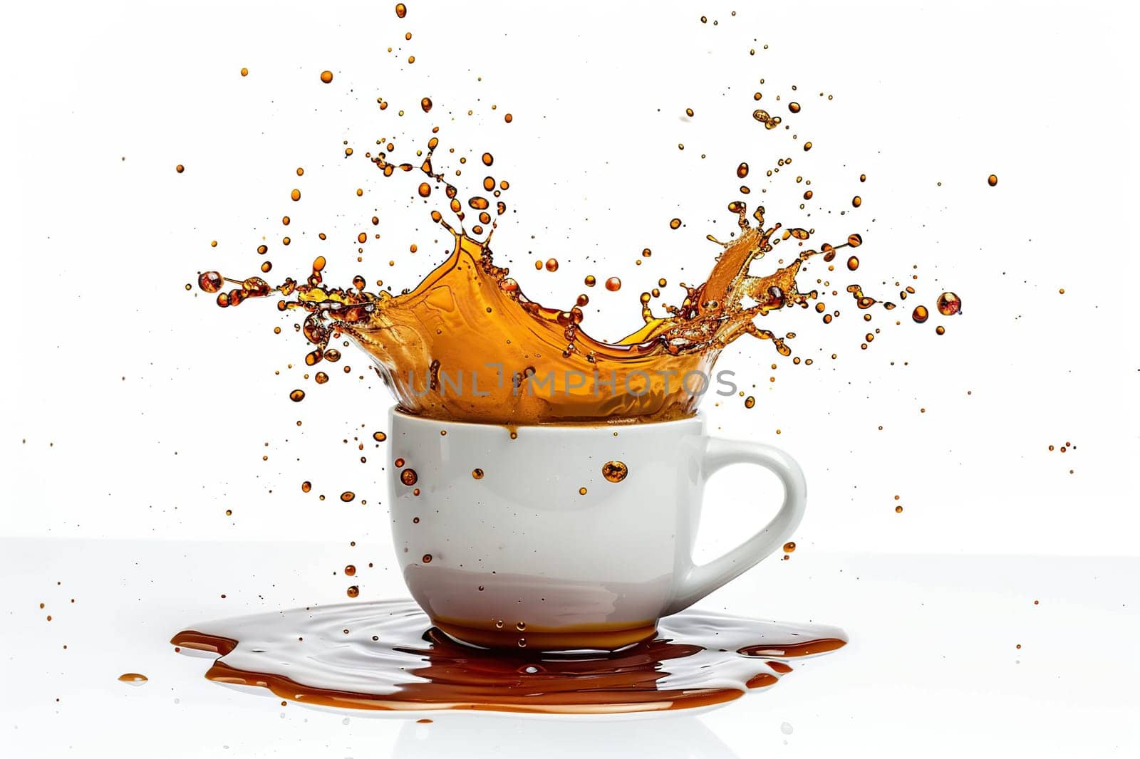 White coffee cup with a splash of coffee on a white background. Generated by artificial intelligence by Vovmar
