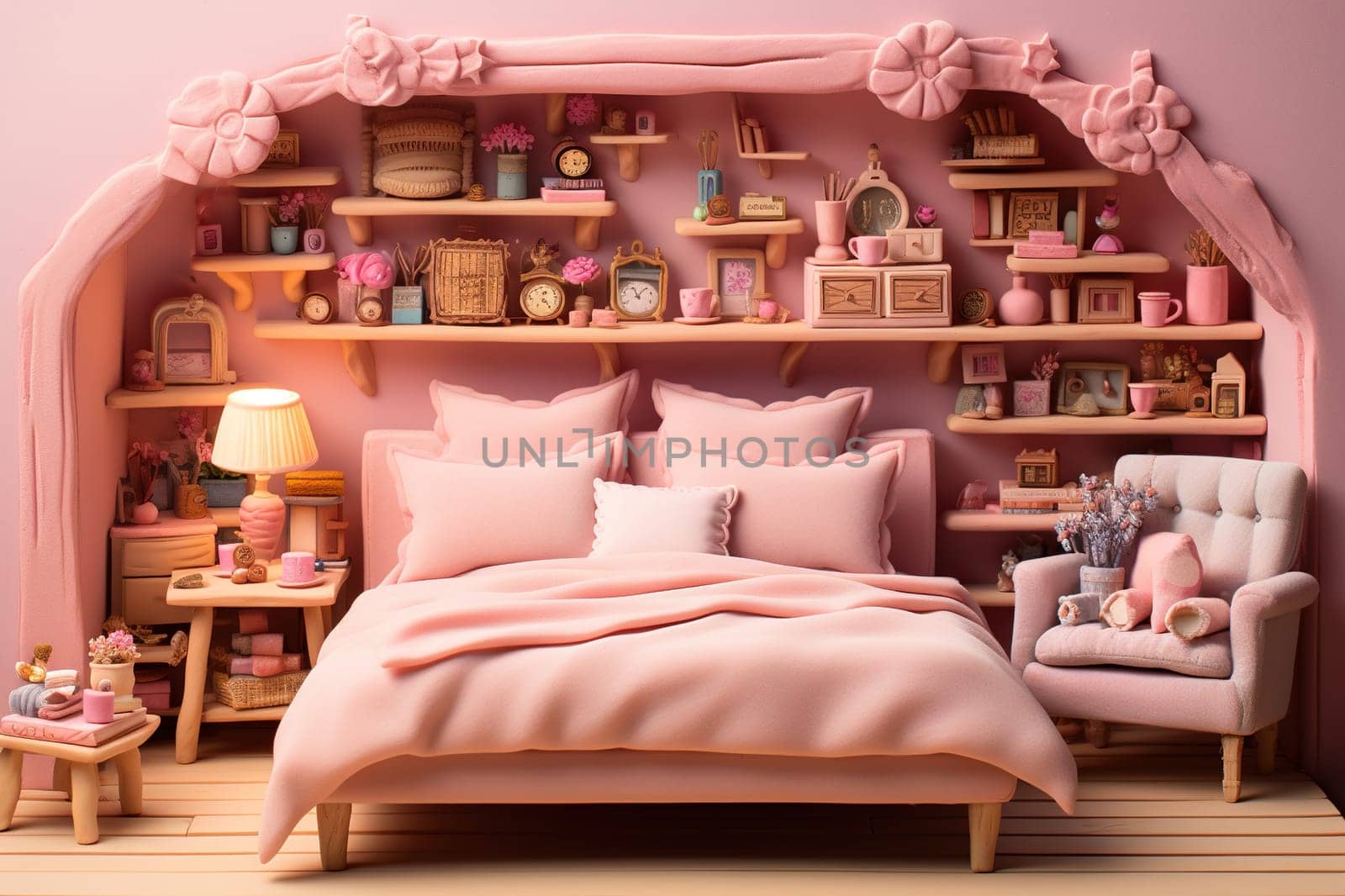 Cartoon 3D interior of a room in pink shades with a large bed.