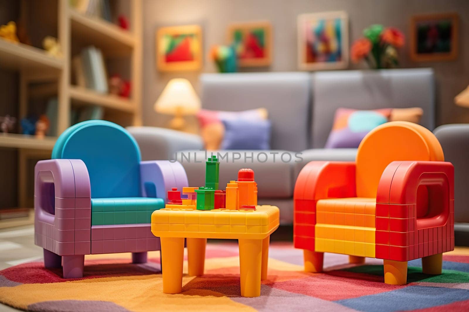 Room interior in cartoon 3D style with an armchair and shelves on the wall. Kids toys.
