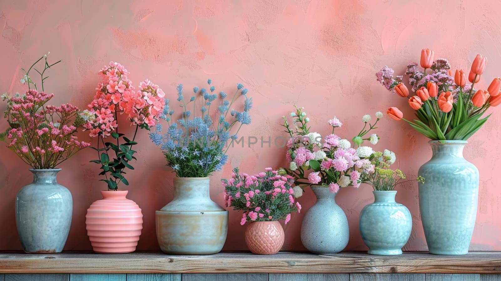 A line of vases showcasing a variety of vibrant colored flowers in bloom by Lobachad