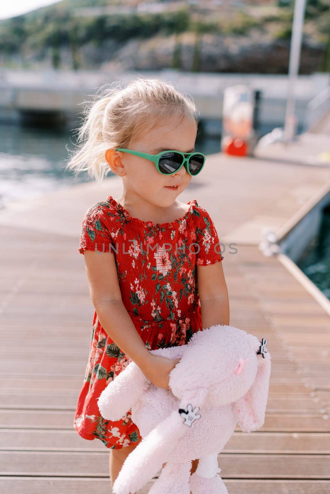 Little girl with a pink toy rabbit stands on a sunny pier and looks away. High quality photo