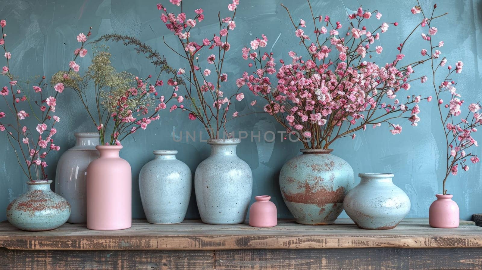 A line of vases showcasing a variety of vibrant colored flowers in bloom. Bright potted flowers on the background.