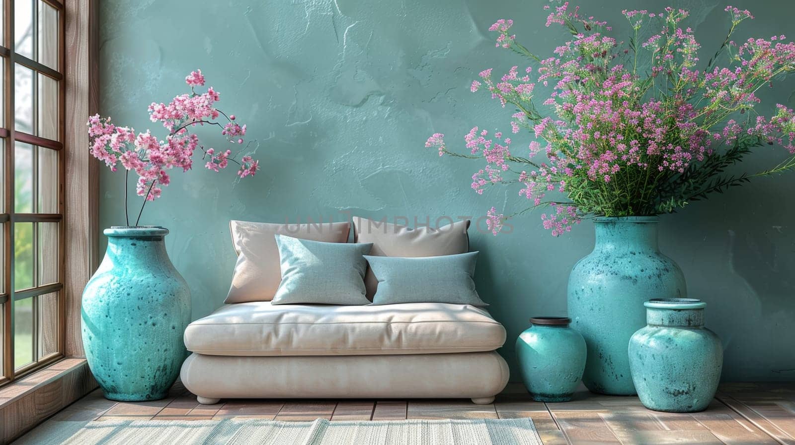 A line of vases showcasing a variety of vibrant colored flowers in bloom. Bright potted flowers on the background.