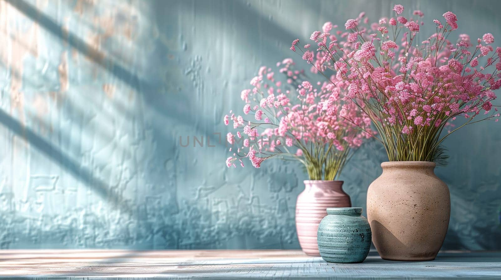 A line of vases showcasing a variety of vibrant colored flowers in bloom. Bright potted flowers on the background.