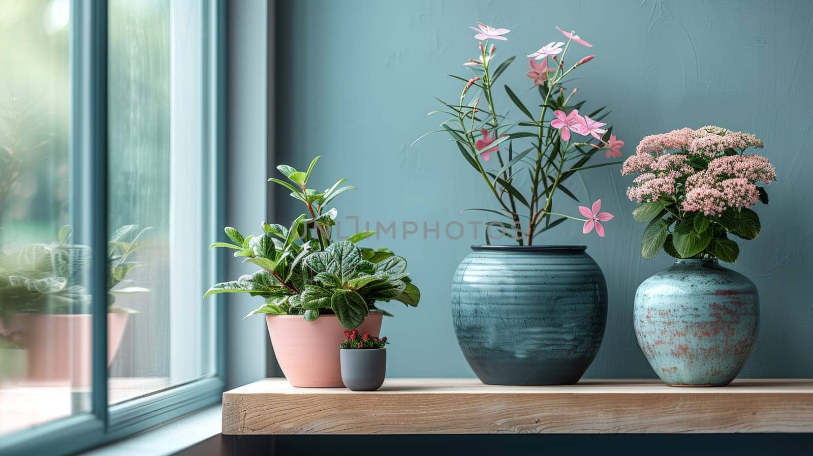 A line of vases showcasing a variety of vibrant colored flowers in bloom. Bright potted flowers on the background.