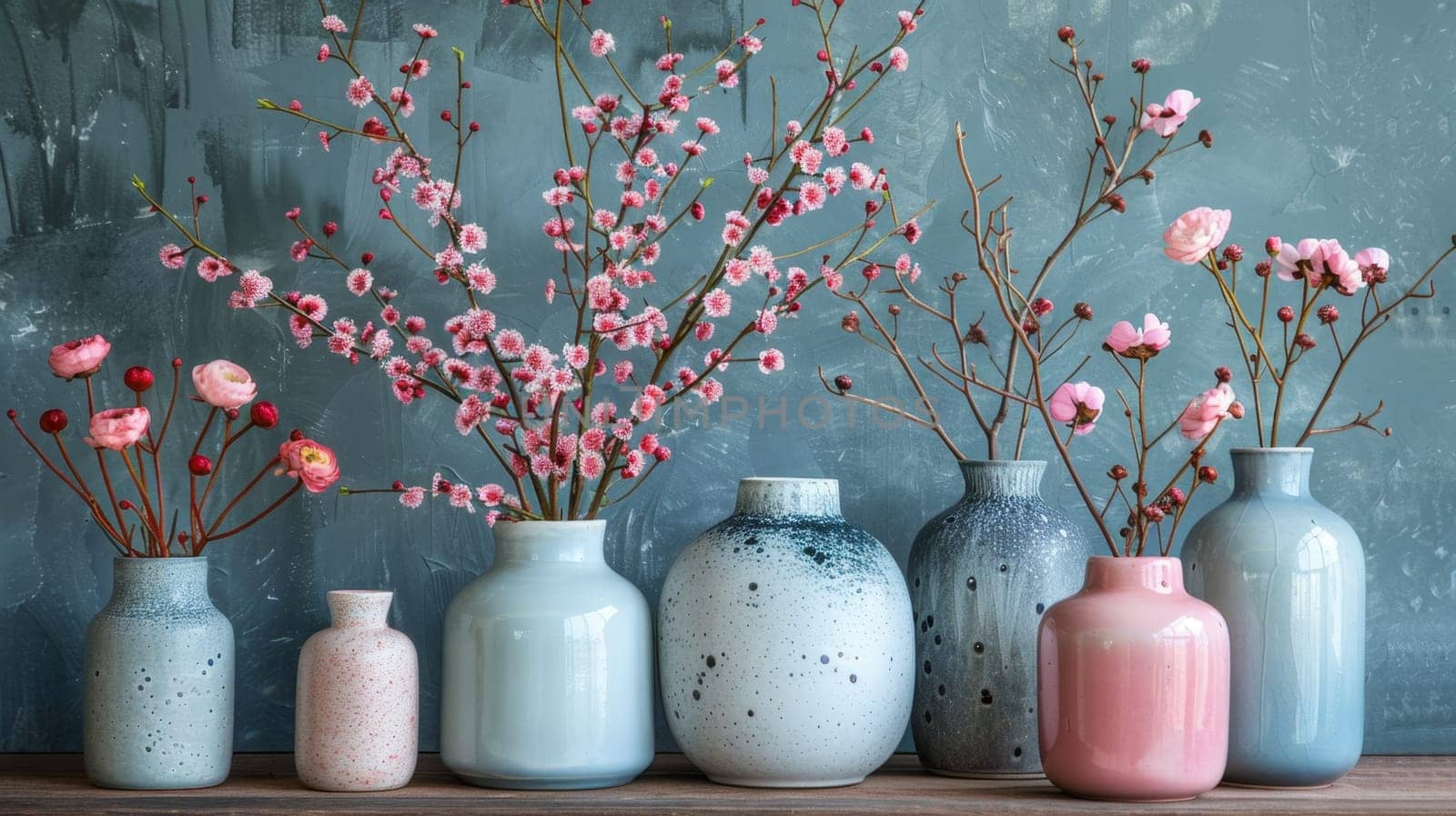 A line of vases showcasing a variety of vibrant colored flowers in bloom. Bright potted flowers on the background.