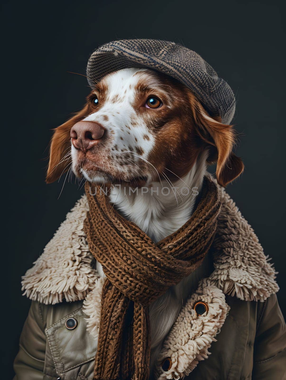 Carnivore Braque francais Dog breed wearing hat and scarf by Nadtochiy