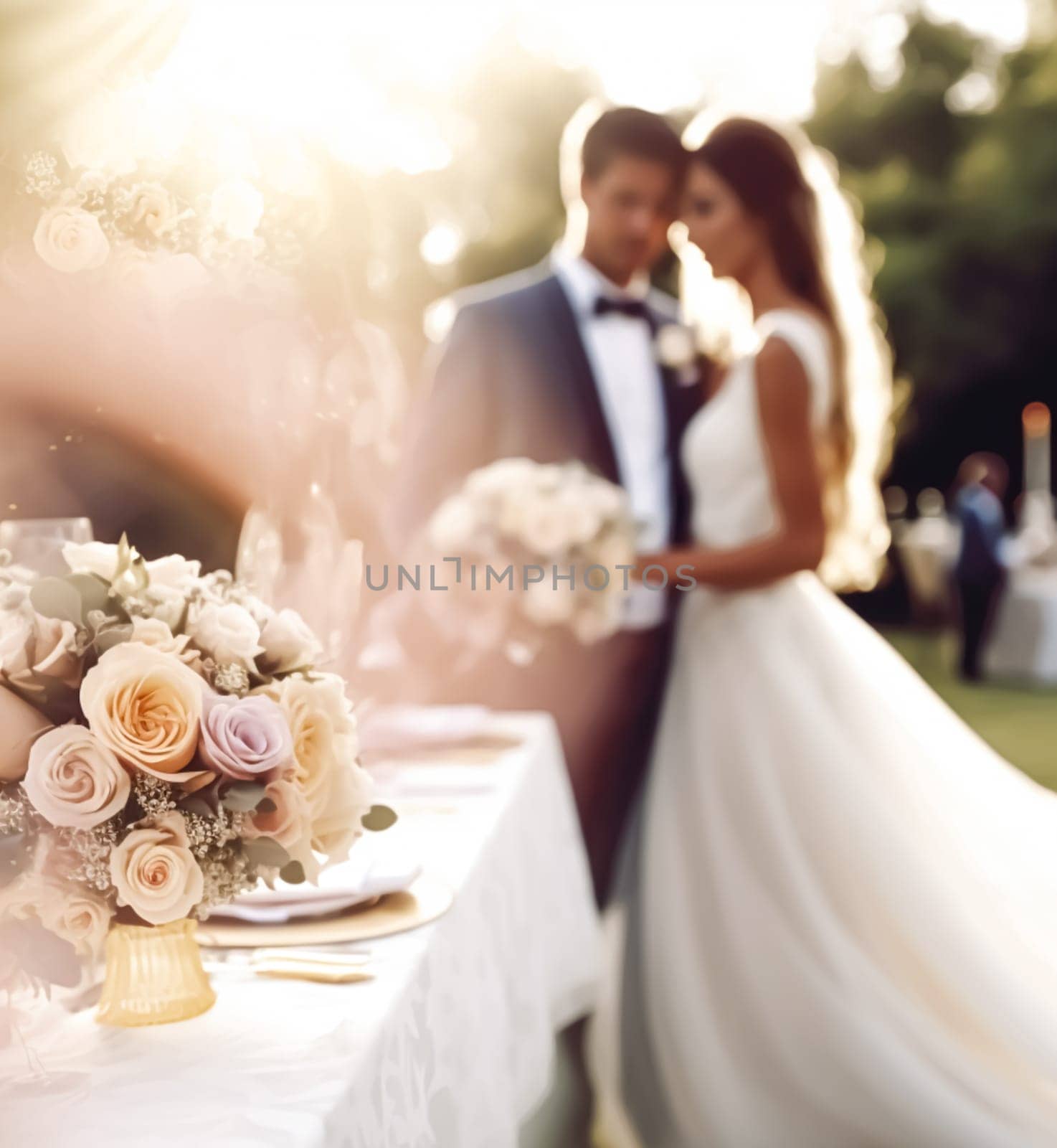 Wedding ceremony and celebration, bride and groom at a beautiful outdoor venue on a sunny day, luxury wedding decor with flowers and bridal bouquet, generative ai by Anneleven