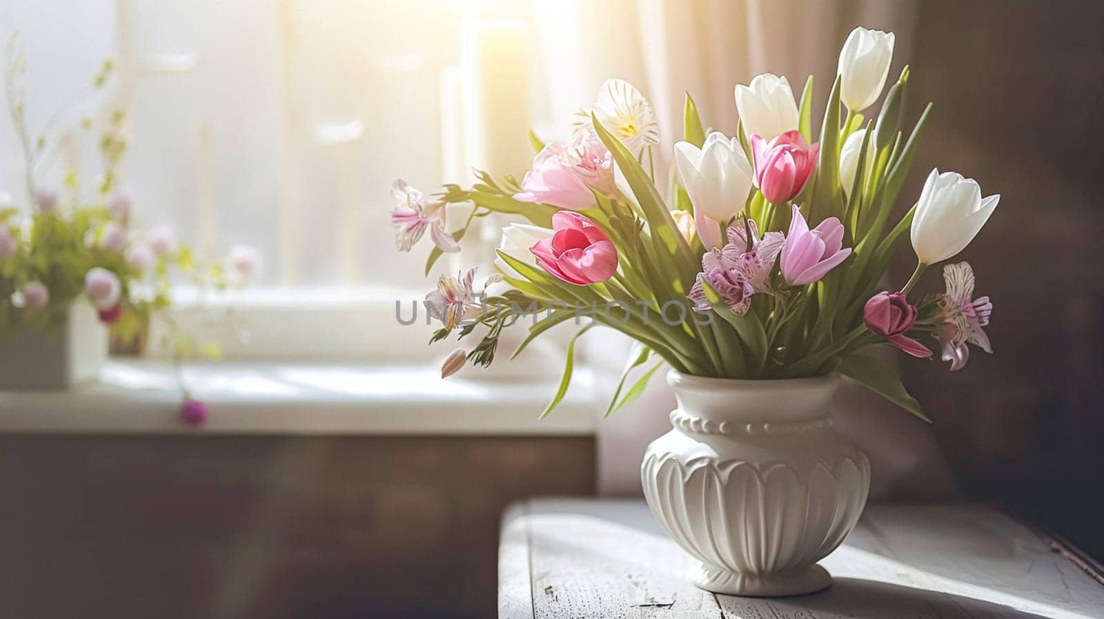 Spring flowers in vintage vase, beautiful floral arrangement, home decor, wedding and florist design