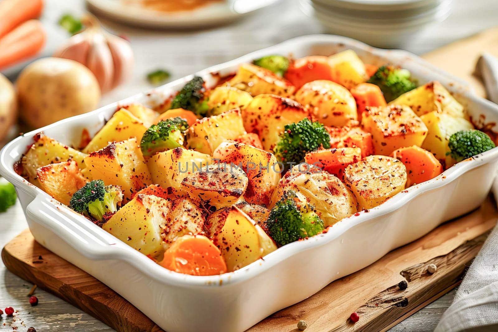 Vegetable casserole of potatoes, carrots and broccoli in a baking dish. by OlgaGubskaya