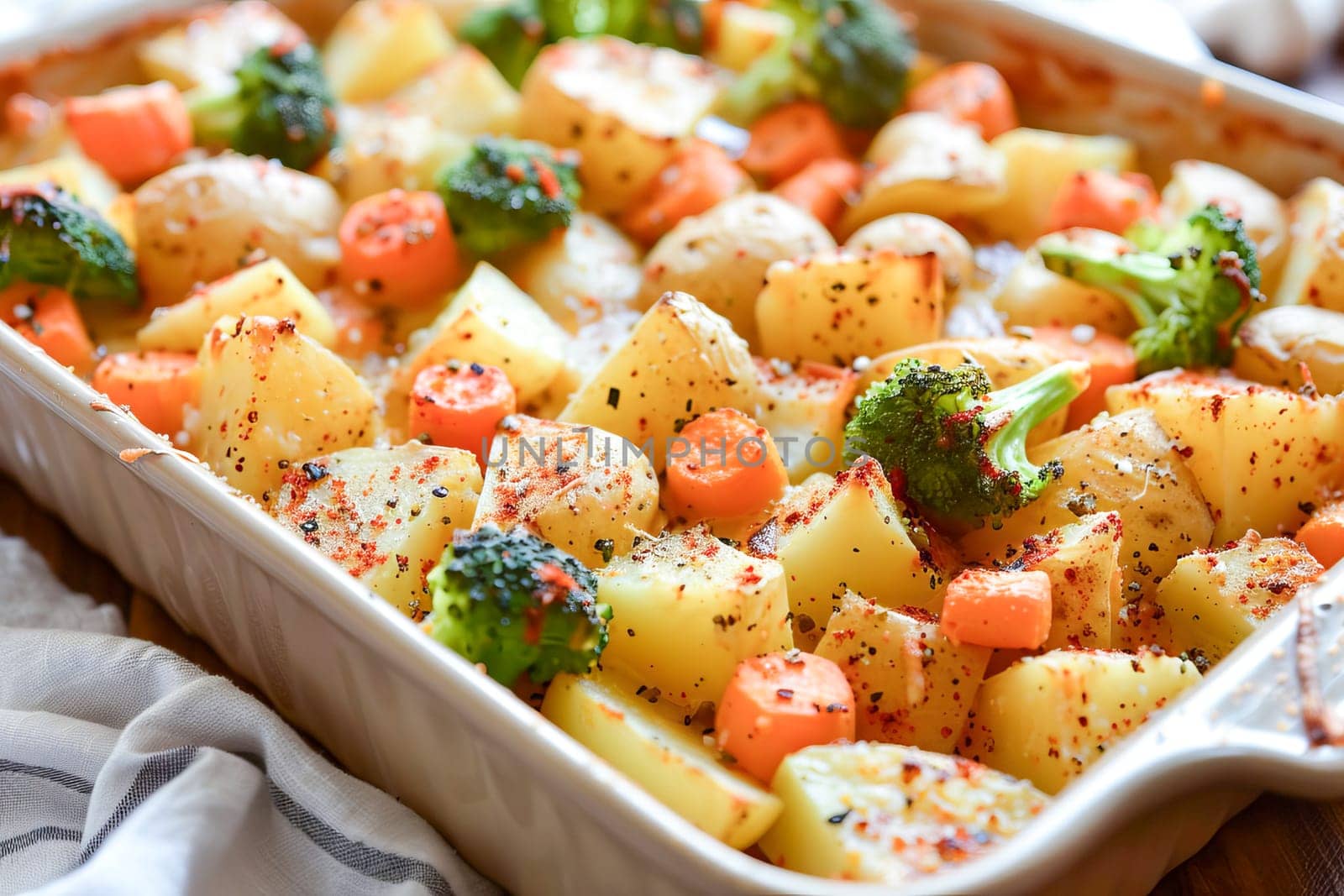 Homemade vegetable casserole of potatoes, carrots and broccoli with spices and cheese in a baking dish, on the table, in the kitchen. Healthy diet.