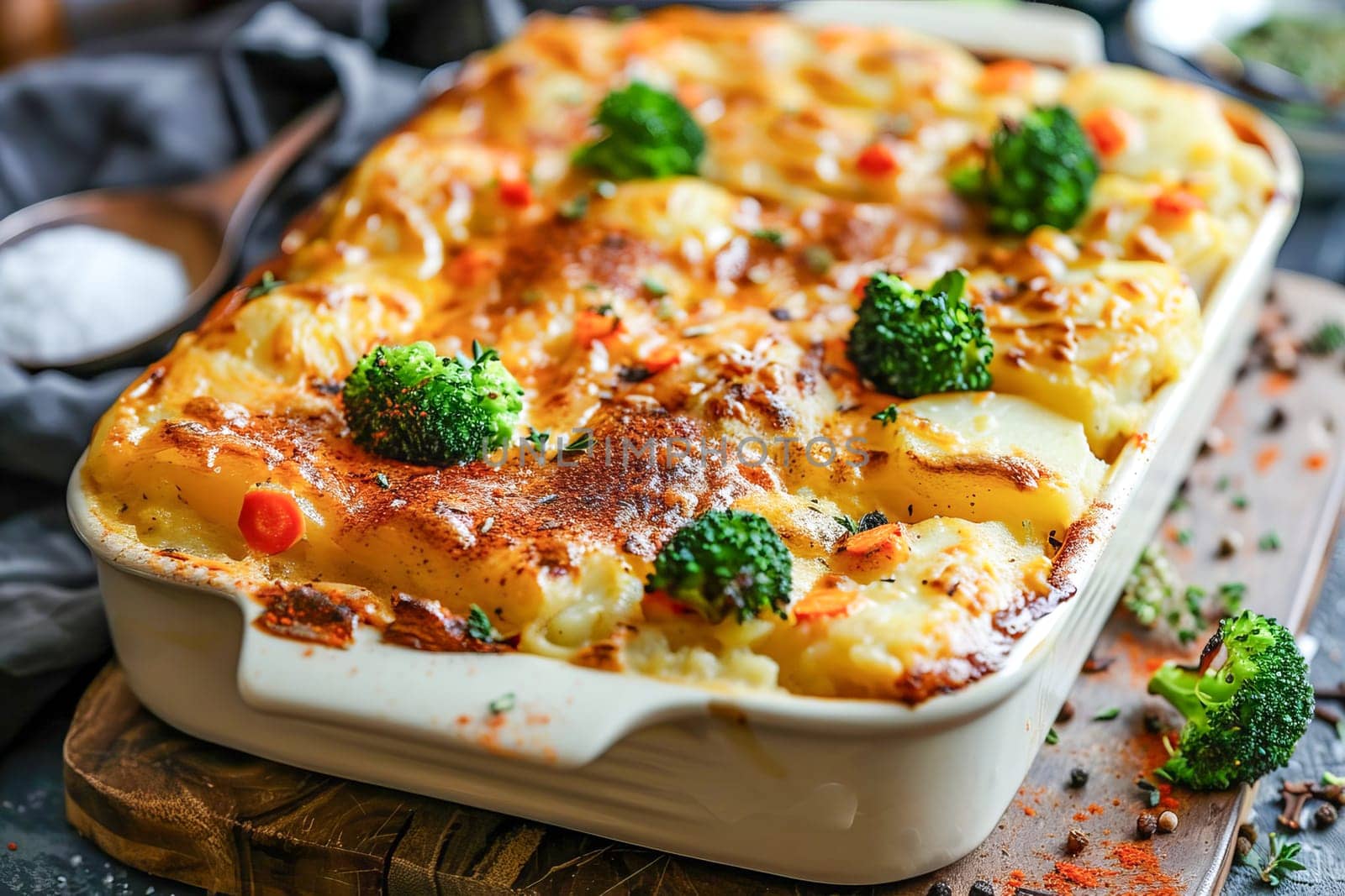 Homemade vegetable casserole of potatoes, carrots and broccoli with spices and cheese in a baking dish, on the table, in the kitchen. Healthy diet.