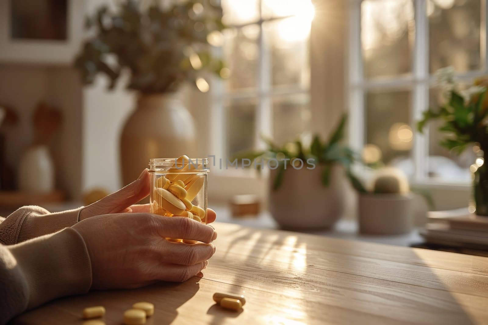 A man is sitting at a table in a home interior. Next to the man there are different vitamins in jars on the table.