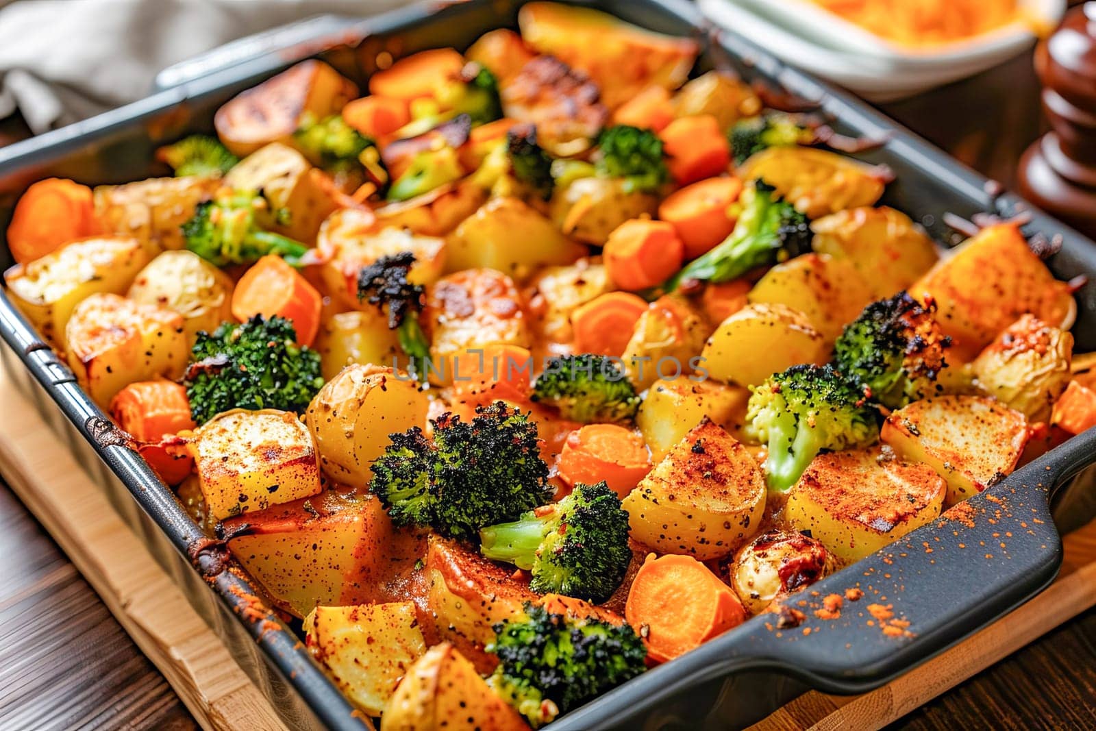 Homemade vegetable casserole of potatoes, carrots and broccoli with spices and cheese in a baking dish, on the table, in the kitchen. Healthy diet.