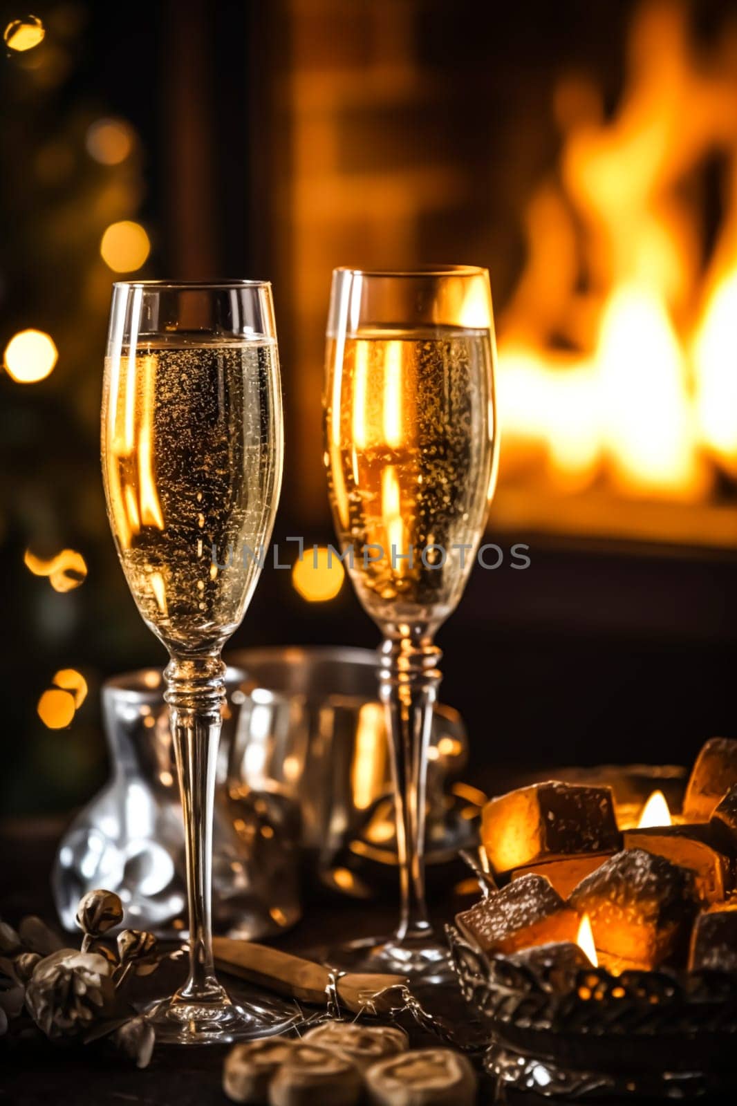 Champagne in front of a fireplace on a holiday eve celebration, Merry Christmas, Happy New Year and Happy Holidays wishes, post-processed, generative ai