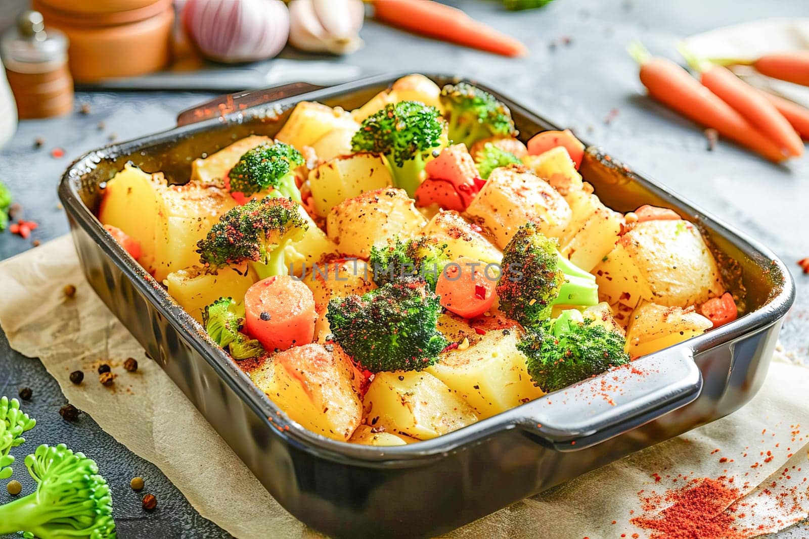 Homemade vegetable casserole of potatoes, carrots and broccoli with spices and cheese in a baking dish, on the table, in the kitchen. Healthy diet.