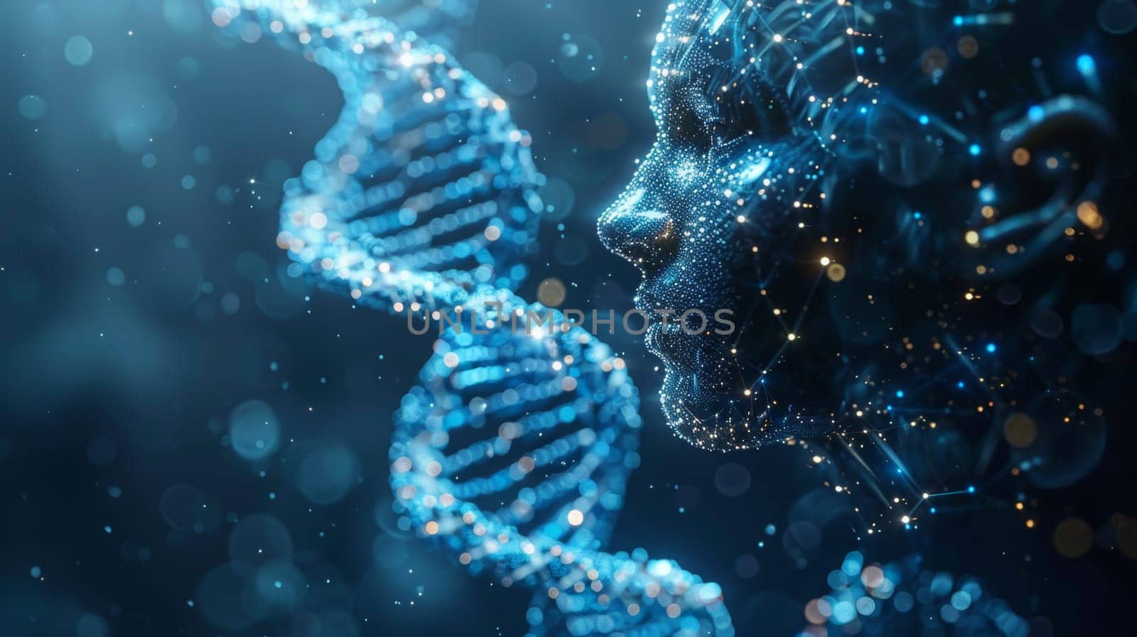A spiral of a blue DNA double helix and a girl's face on a blue background. 3d illustration.