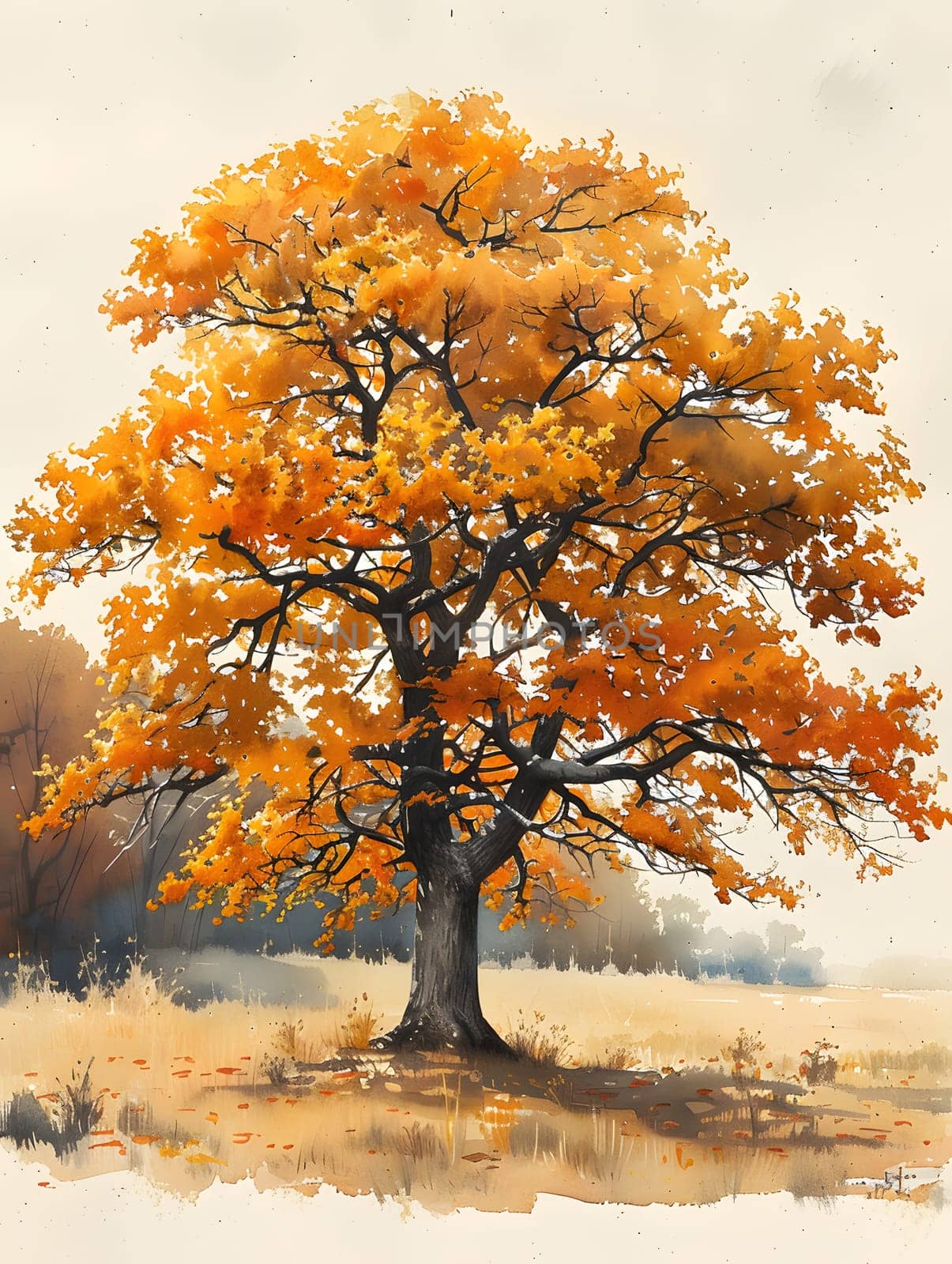 An art piece depicting a natural landscape with a vibrant tree showcasing orange leaves. The painting captures the beauty of a deciduous plant in full color