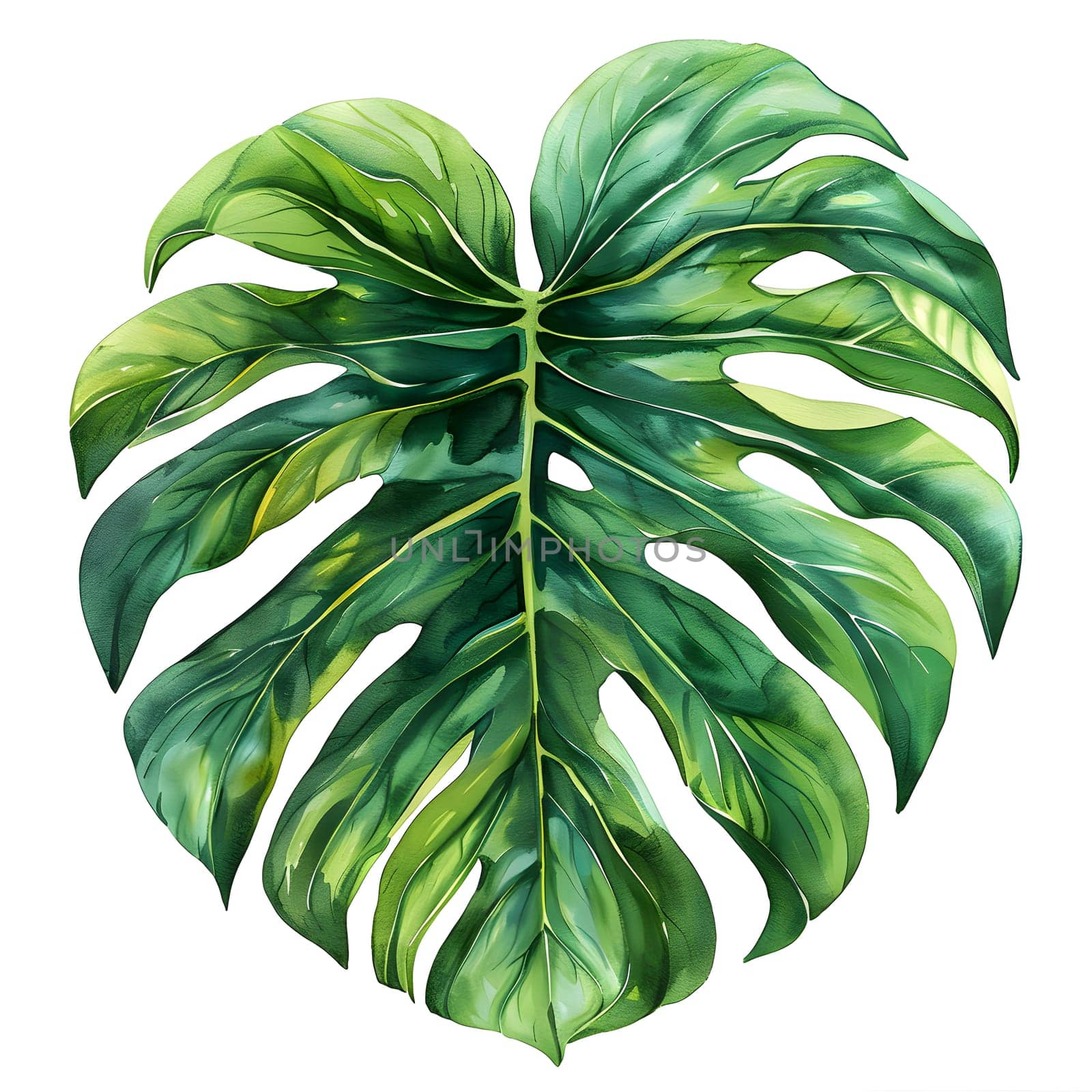 A vibrant green leaf from a tropical palm tree displayed on a clean white background, showcasing the beauty of this evergreen plant