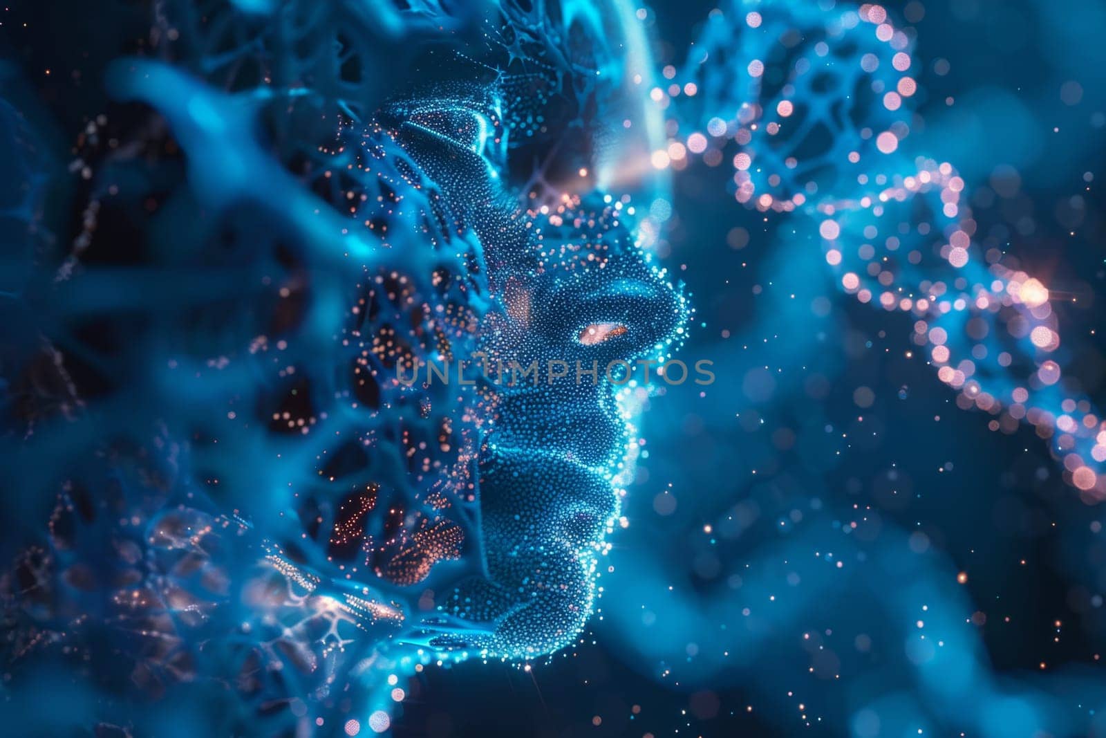 A spiral of a blue DNA double helix and a girl's face on a blue background. 3d illustration.