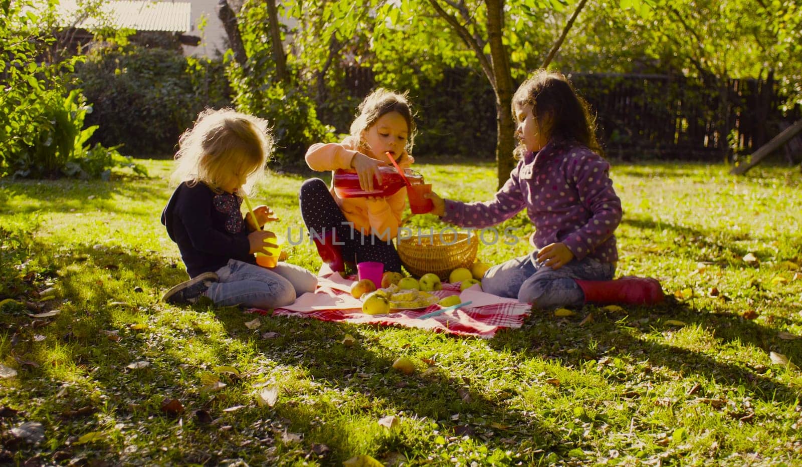 Autumn. Picnic in the garden. Children sitting on grass and drinking compote