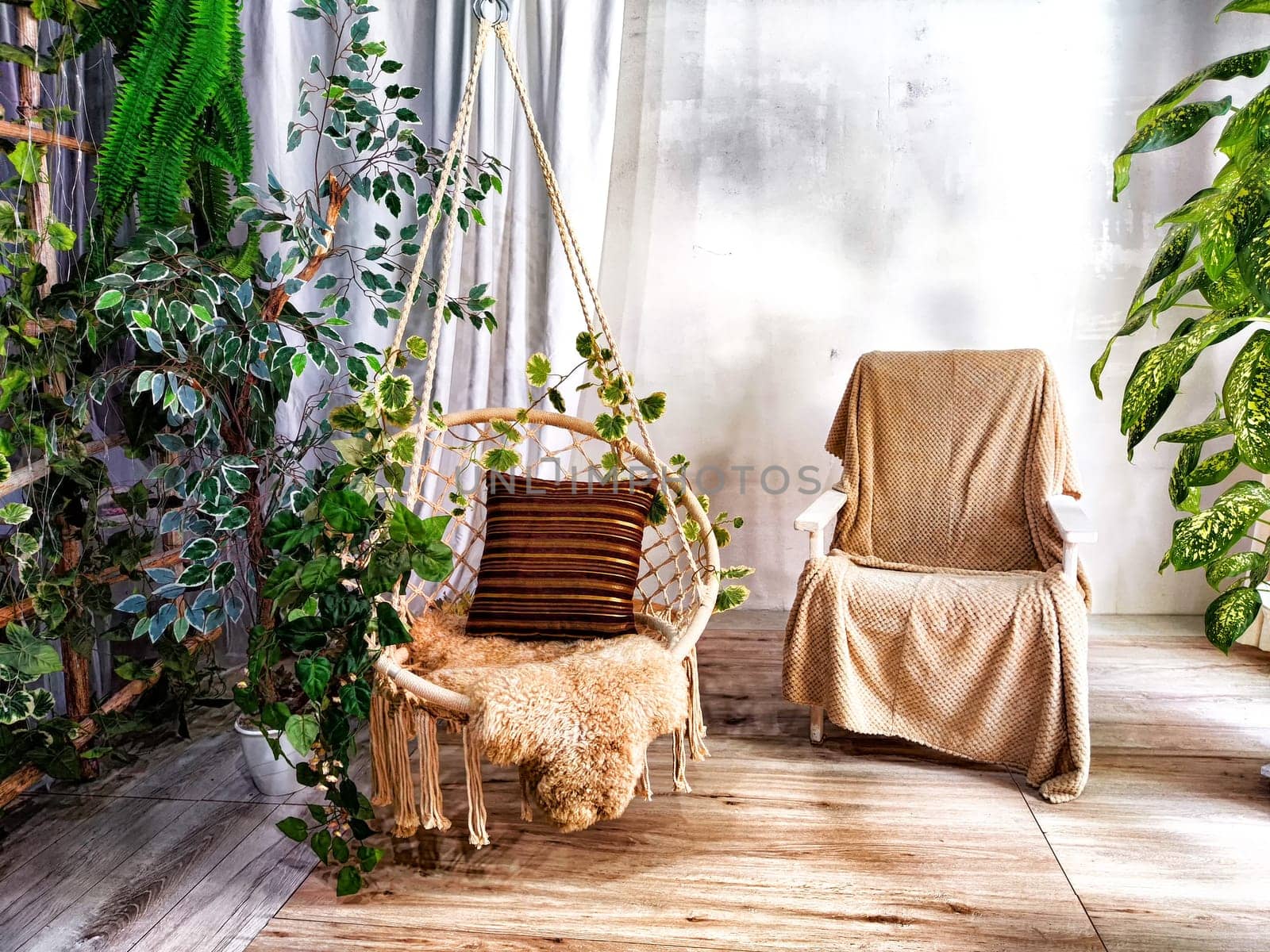 Mdern cozy beautiful room with braided rope macrame chair, green plants and window with curtains. Interior and background, Location for photo shooting