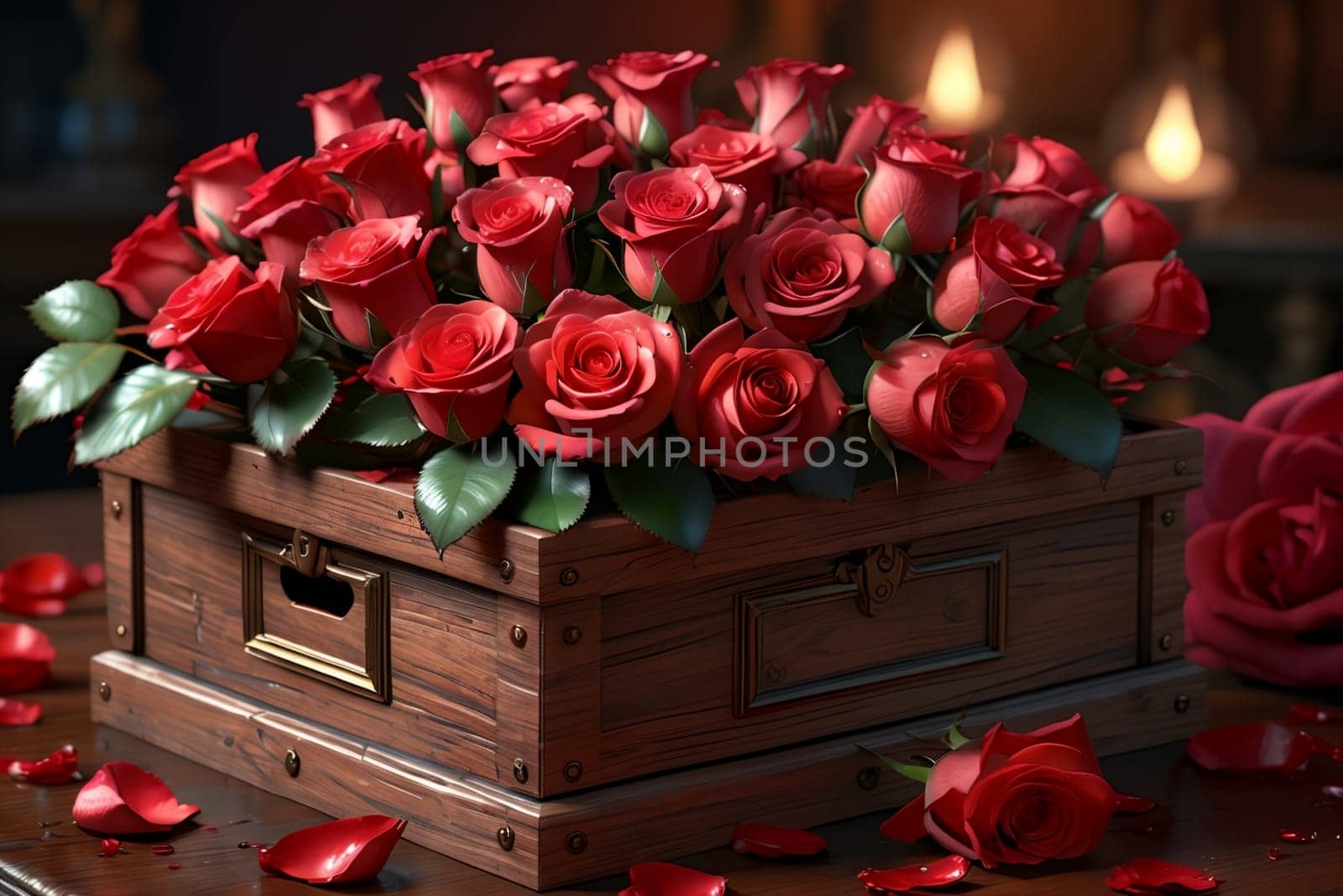 box with beautiful red roses .