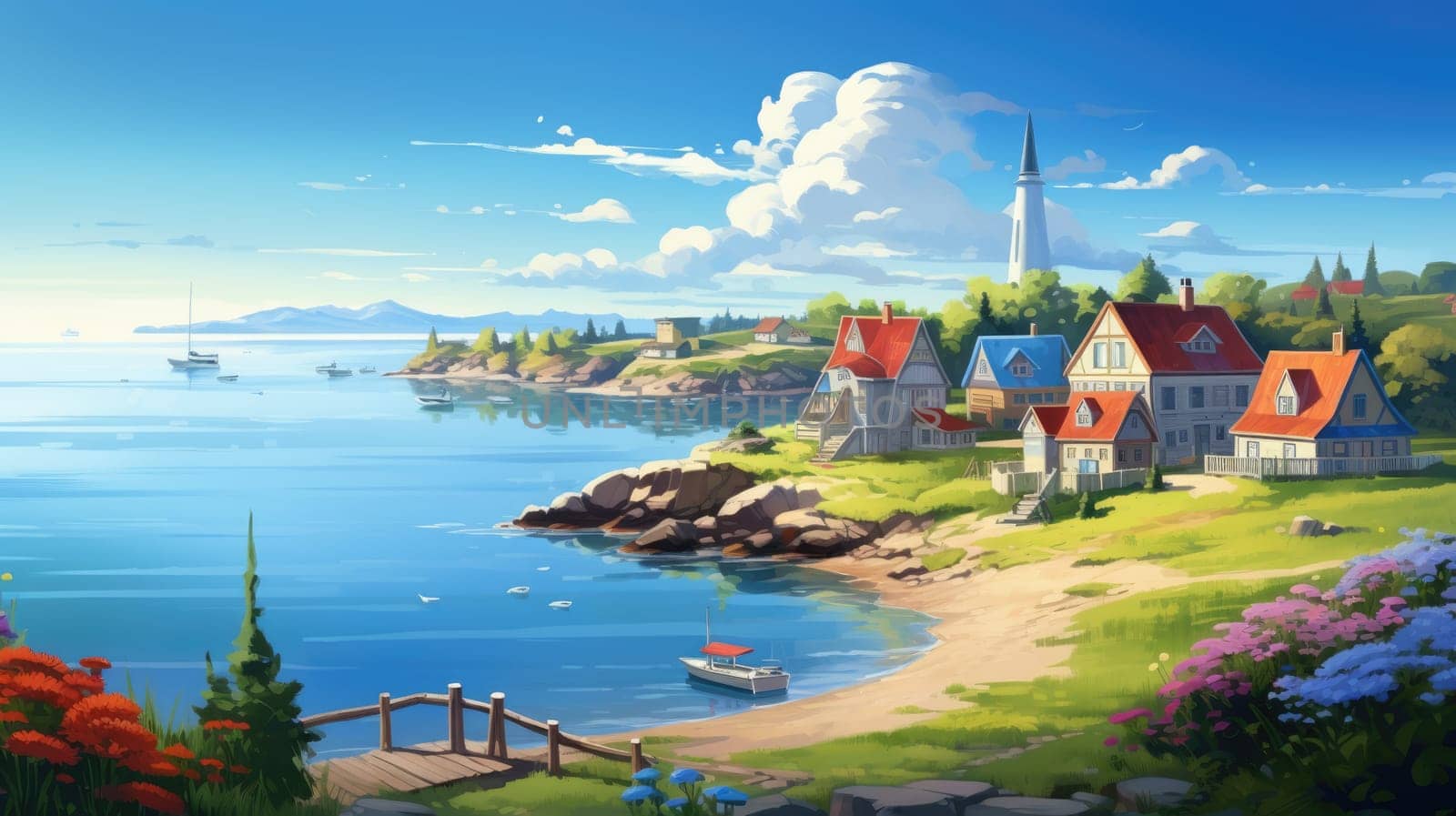 Calm coastal village watercolor illustration - AI generated. Coast, sea, houses, nature, sky.