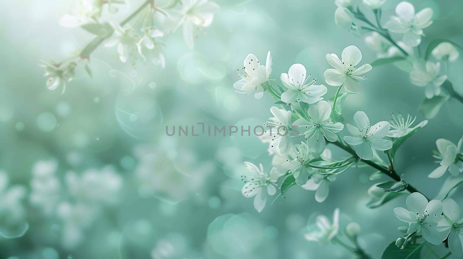 Macro photography of a plants twig with white flowers against a vibrant green background. The sky is electric blue, enhancing the natural landscape