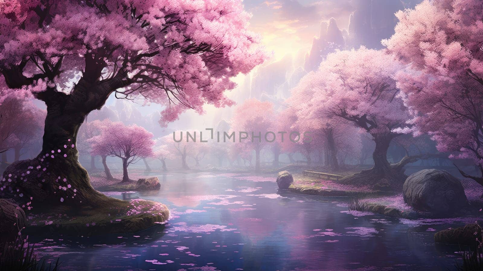 Cherry blossom watercolor illustration - AI generated. Pink, cherry, blossom, river.