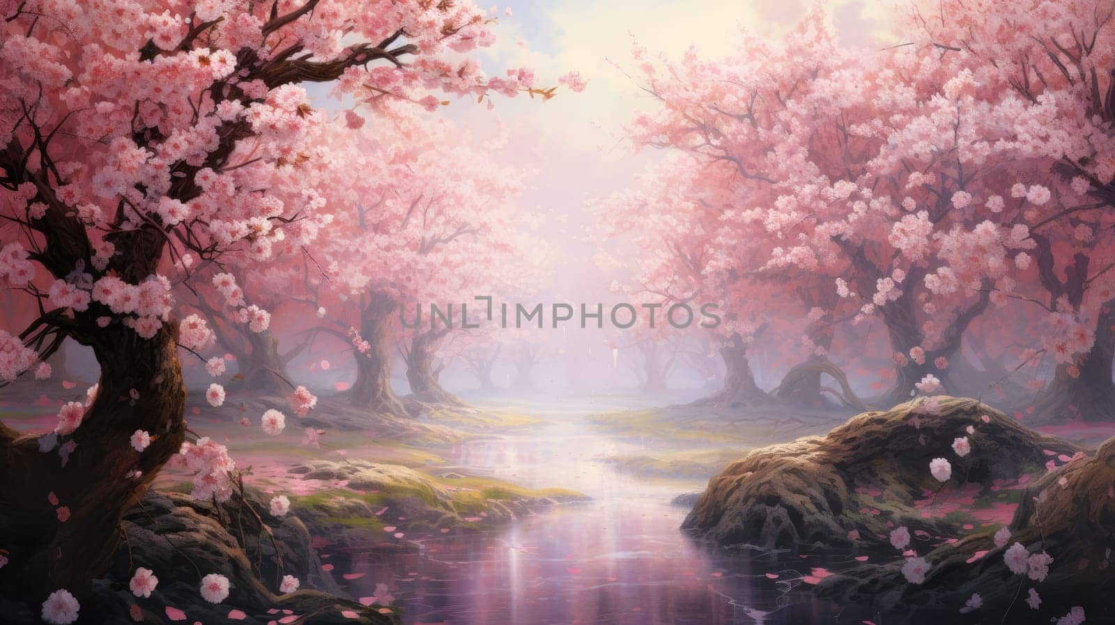 Cherry blossom watercolor illustration - Generative AI. Pink, cherry, blossom, river. by simakovavector