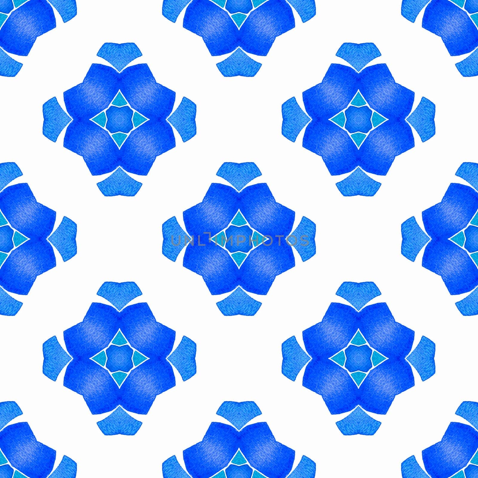 Textile ready stunning print, swimwear fabric, wallpaper, wrapping. Blue fetching boho chic summer design. Ethnic hand painted pattern. Watercolor summer ethnic border pattern.