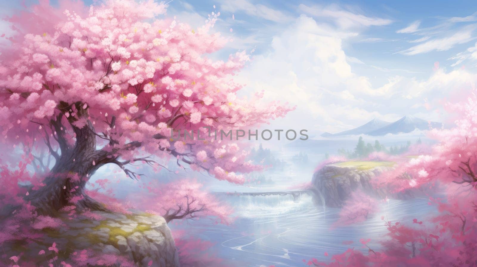 Cherry blossom watercolor illustration - Generative AI. Pink, cherry, blossom, river. by simakovavector