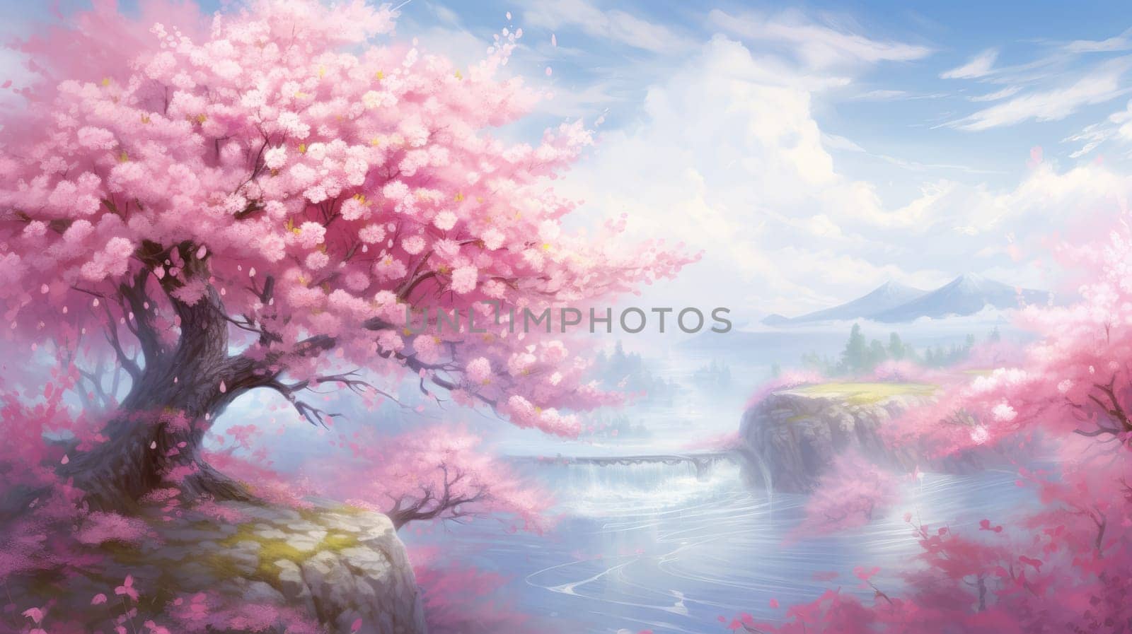 Cherry blossom watercolor illustration - AI generated. Pink, cherry, blossom, river.