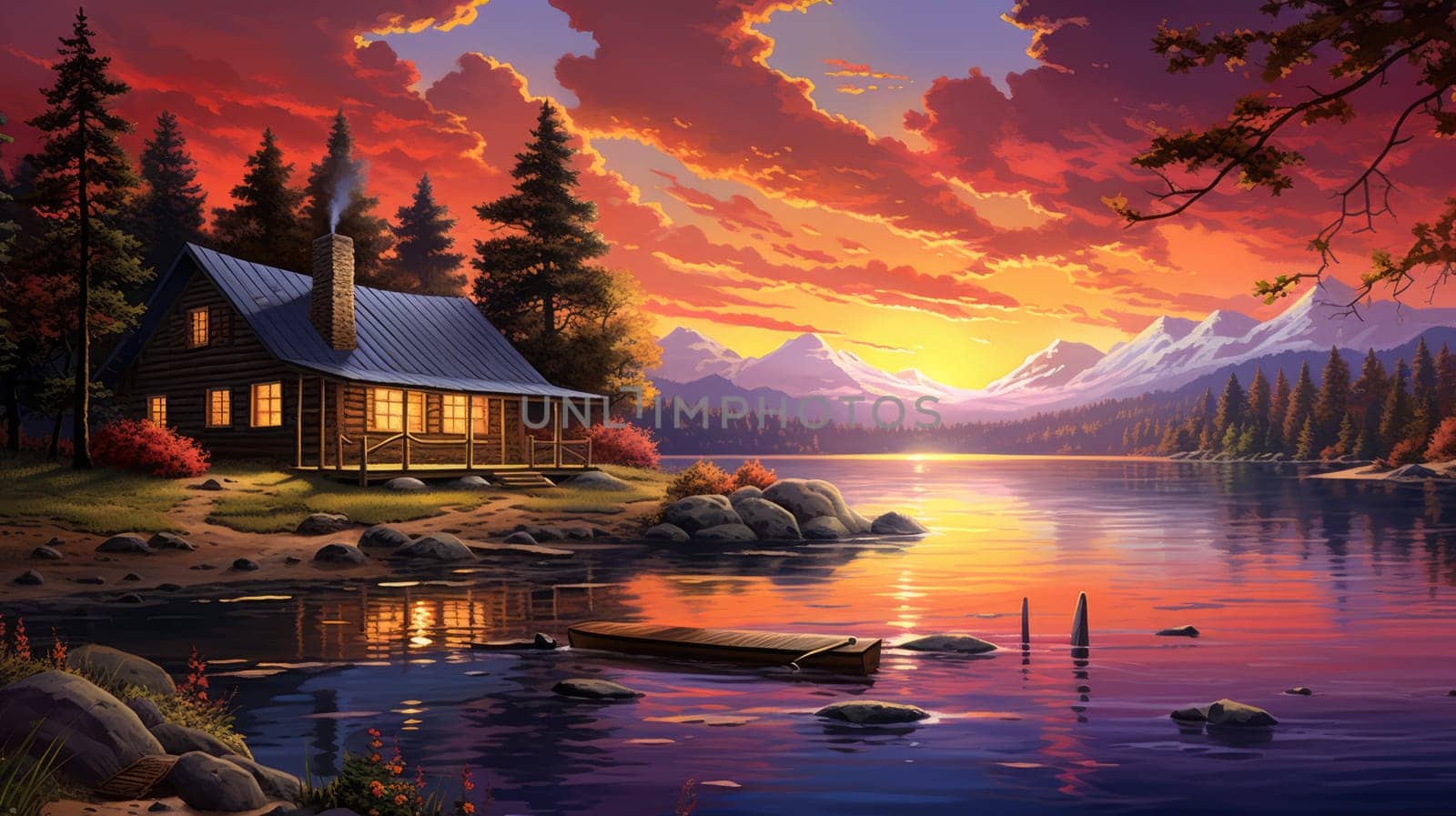 Cozy cabin by the lake watercolor illustration - Generative AI. Lake, house, autumn, tree, sunset. by simakovavector