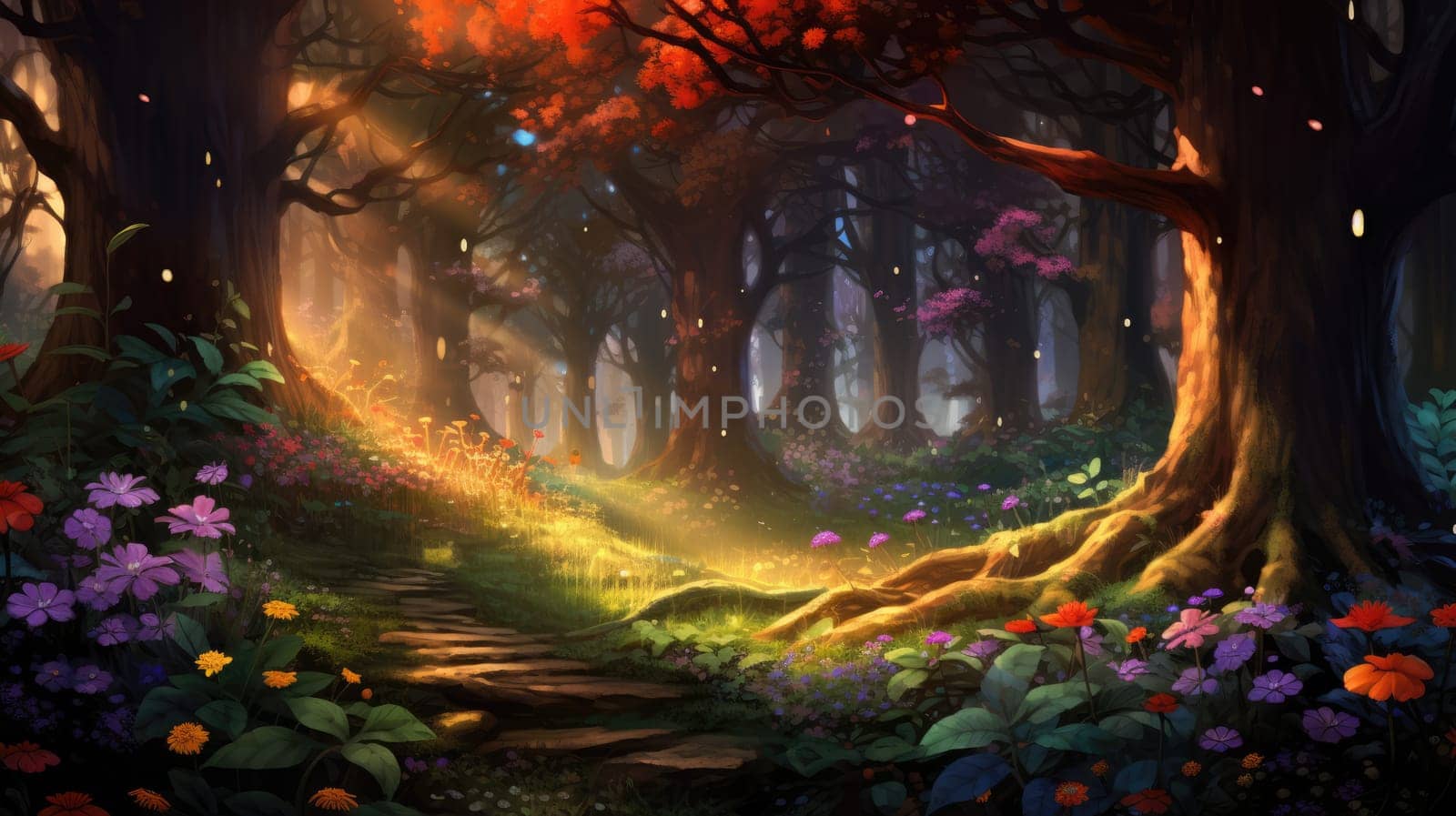 Enchanted forest watercolor illustration - AI generated. Forest, tree, colorful, flowers, sunbeams.