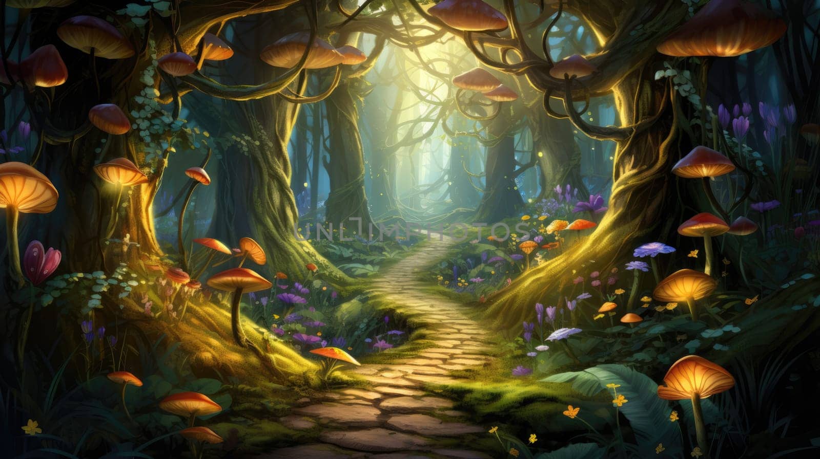 Enchanted forest watercolor illustration - Generative AI. Forest, tree, colorful, flowers, sunbeams. by simakovavector