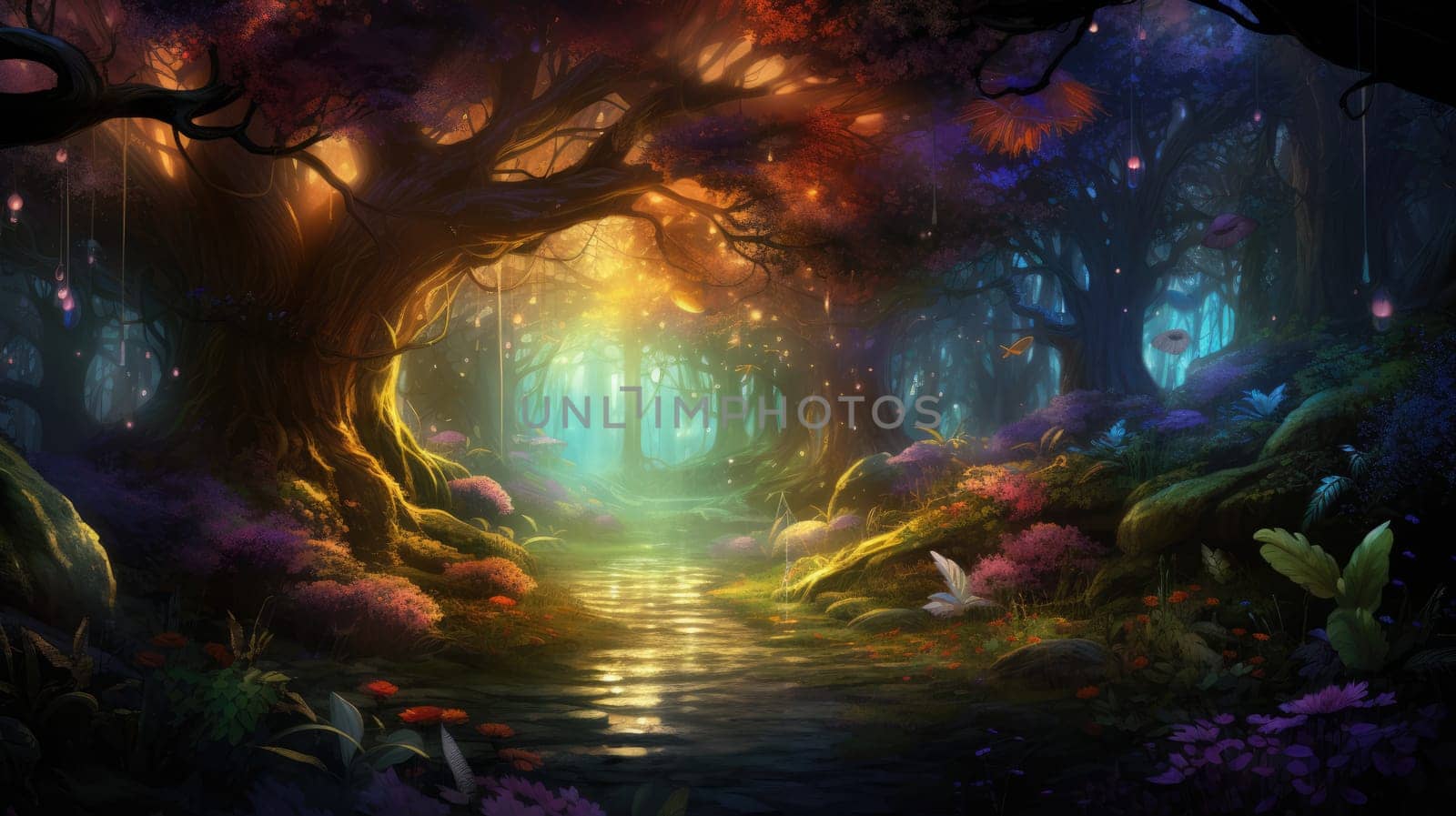 Enchanted forest watercolor illustration - Generative AI. Forest, tree, colorful, flowers, sunbeams. by simakovavector