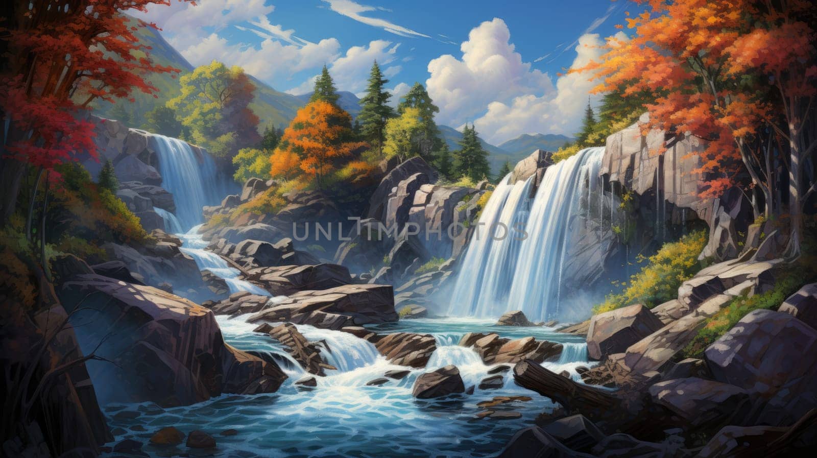 Epic waterfall watercolor illustration - Generative AI. Waterfall, autumn, tree, blue, sky. by simakovavector