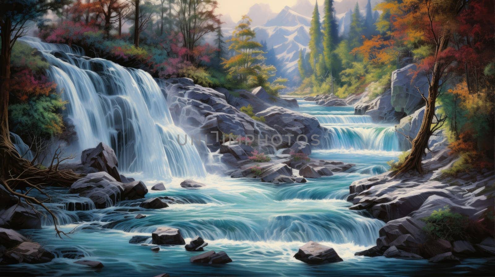 Epic waterfall watercolor illustration - Generative AI. Waterfall, autumn, tree, blue, sky. by simakovavector