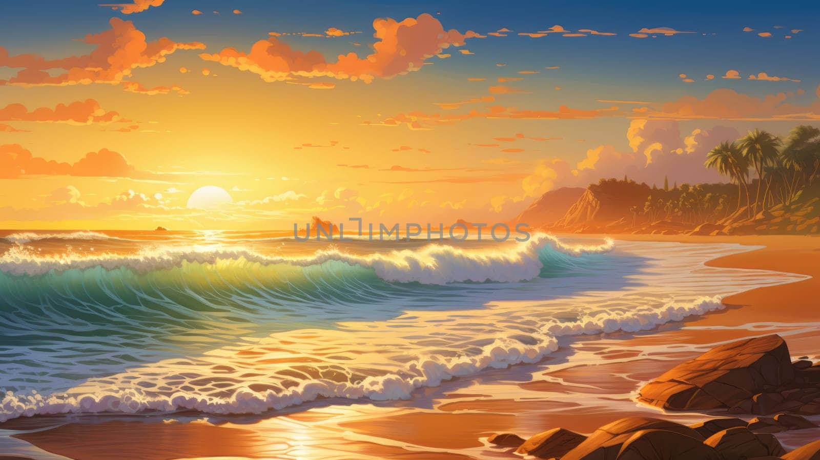Golden hour watercolor illustration - AI generated. Ocean, wave, beach, palm, sunset.